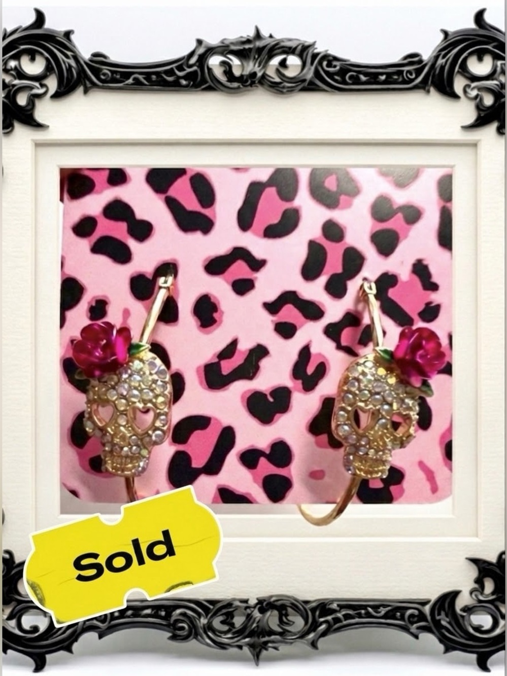 Gold Skull Hoop Earrings with Pink Rose Accent, Betsy Johnson inspired Goth 🩷🖤